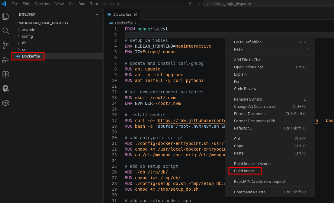 Build Image from the Dockerfile context menu in VS Code