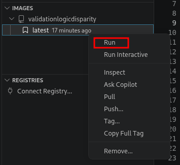 Run or Run Interactive from the image tag in the VS Code Containers panel